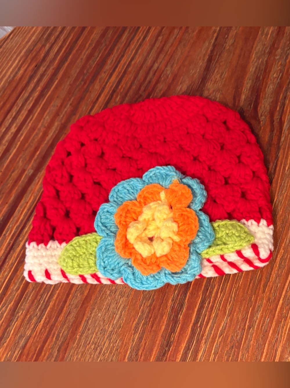 Vintage Handmade Red Crochet Kids Beanie with Multicolor Flower